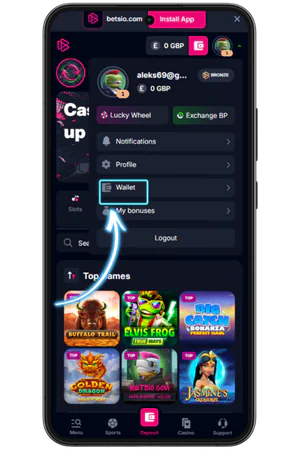 Account menu Betsio Casino