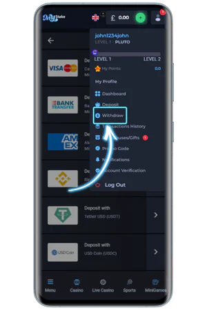 MyStake account menu navigation panel