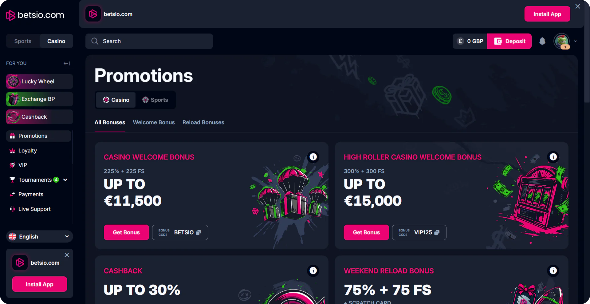 Betsio welcome package promotions display