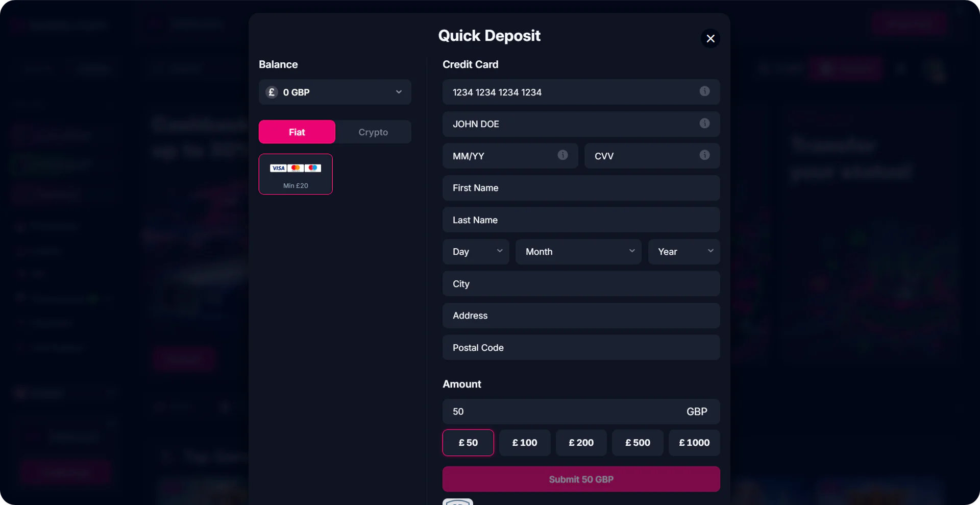 Betsio cashier Visa payment selection screen