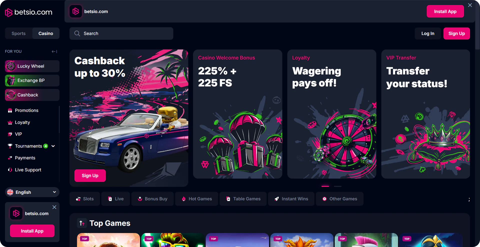 Betsio Casino main page interface screenshot