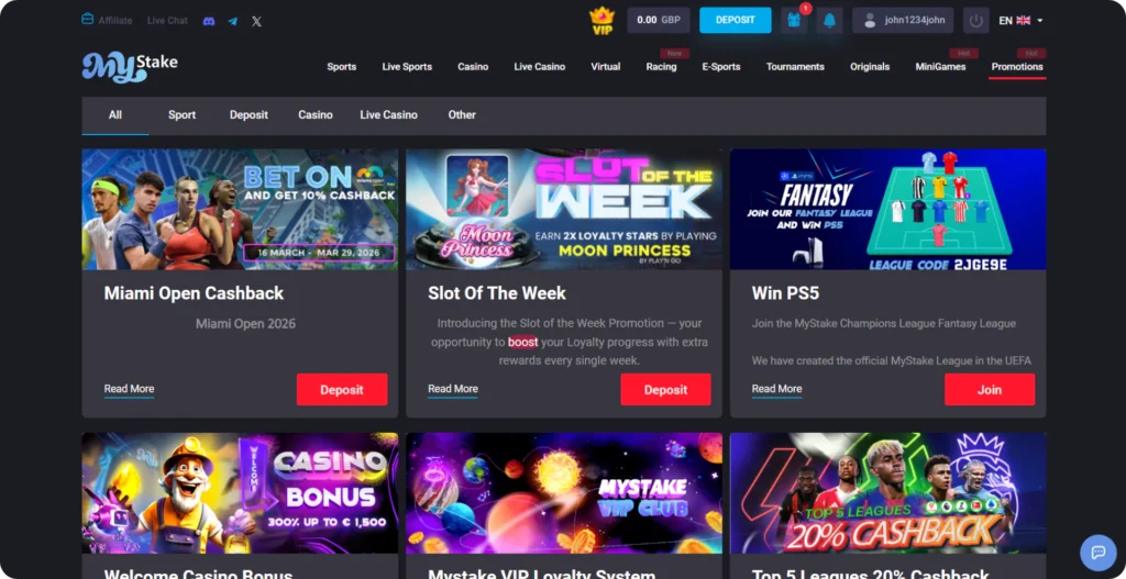 MyStake welcome bonus promotions page screenshot