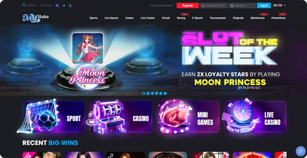 MyStake casino lobby with game categories